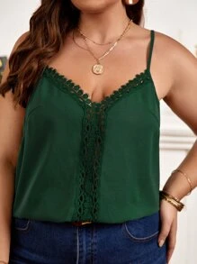 SHEIN Frenchy 大碼蕾絲拼接吊帶上衣 - 墨綠色 - 查看 1