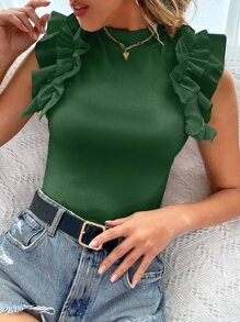 SHEIN LUNE 小高領荷葉邊T恤 - 綠色 - 查看 1