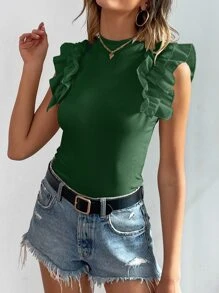 SHEIN LUNE 小高領荷葉邊T恤 - 綠色 - 查看 4