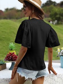 SHEIN LUNE Eyelet Embroidery Butterfly Sleeve Tee - Black - View 2