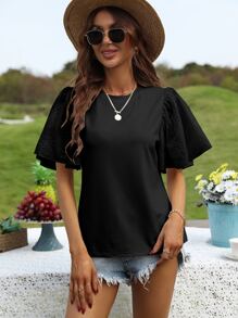 SHEIN LUNE Eyelet Embroidery Butterfly Sleeve Tee - Black - View 4