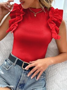 SHEIN LUNE 小高領荷葉邊T恤 - 紅色 - 查看 1