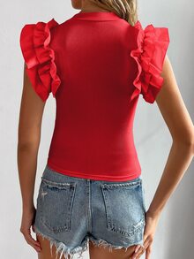 SHEIN LUNE 小高領荷葉邊T恤 - 紅色 - 查看 2
