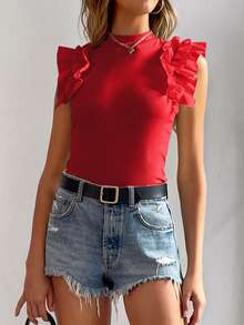 SHEIN LUNE 小高領荷葉邊T恤 - 紅色 - 查看 3