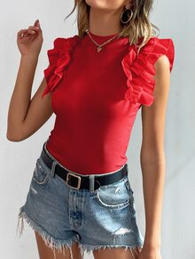 SHEIN LUNE 小高領荷葉邊T恤 - 紅色 - 查看 4