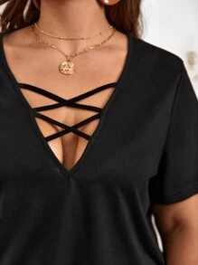 SHEIN LUNE Plus Solid Criss Cross Detail Tee - Black - View 5