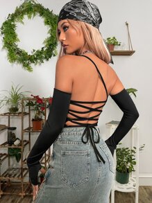 ROMWE PUNK Grunge Asymmetrical Neck Lace Up Back Crop Top - Black - View 2
