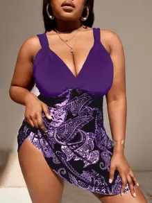 Swim Lushoire Summer Beach Plus Size Paisley Print Flounce Swim Dress - Purple - View 1