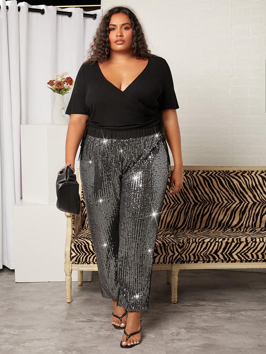 SHEIN CURVE+ Plus High Waist Sequins Wide Leg Trousers - Multicolor - View 1