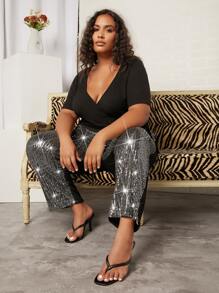 SHEIN CURVE+ Plus High Waist Sequins Wide Leg Trousers - Multicolor - View 4