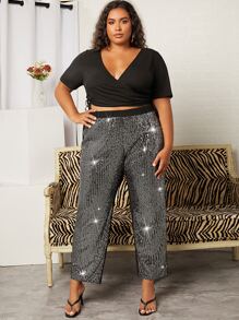 SHEIN CURVE+ Plus High Waist Sequins Wide Leg Trousers - Multicolor - View 6