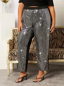 SHEIN CURVE+ Plus High Waist Sequins Wide Leg Trousers - Multicolor - View 8
