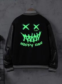 SHEIN Boys 1pc Reflective Cartoon & Letter Graphic Contrast Trim Varsity Jacket - Black - View 1