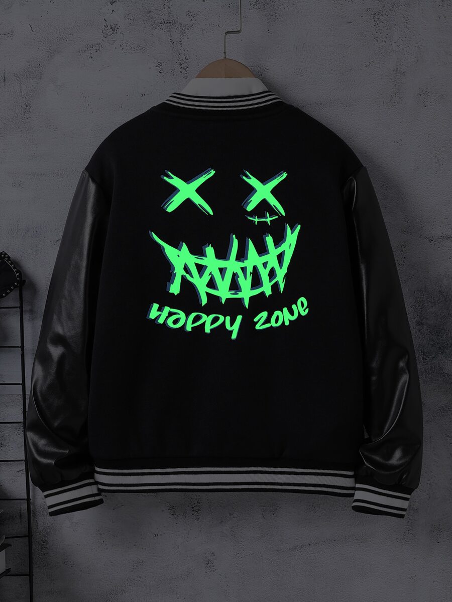 SHEIN Boys 1pc Reflective Cartoon & Letter Graphic Contrast Trim Varsity Jacket - Black - View 1