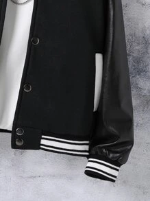 SHEIN Boys 1pc Reflective Cartoon & Letter Graphic Contrast Trim Varsity Jacket - Black - View 4