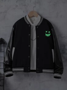 SHEIN Boys 1pc Reflective Cartoon & Letter Graphic Contrast Trim Varsity Jacket - Black - View 5