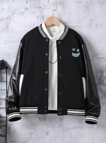 SHEIN Boys 1pc Reflective Cartoon & Letter Graphic Contrast Trim Varsity Jacket - Black - View 6