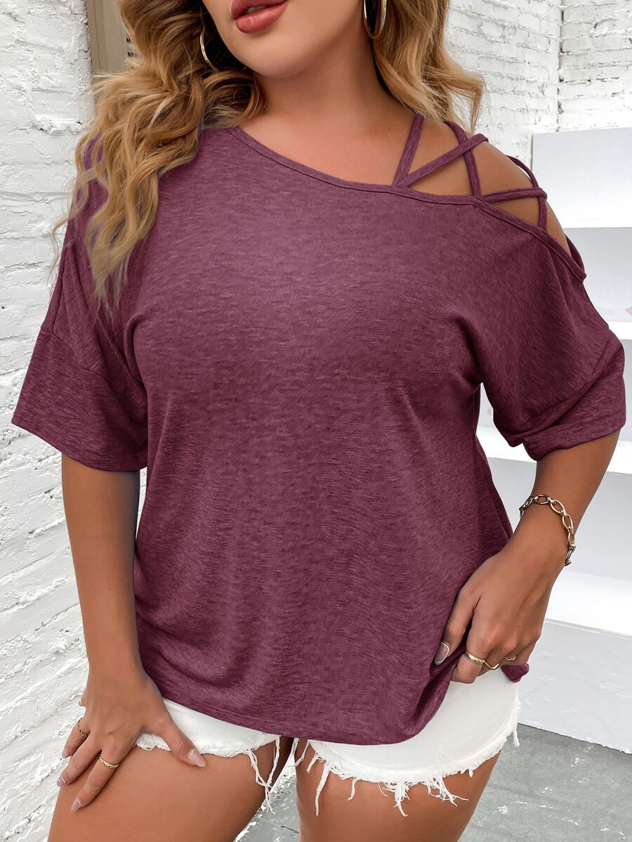 SHEIN LUNE 大碼不對稱領蝙蝠袖交叉T恤 - 淡紫色 - 查看 1