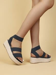 Ankle Strap Espadrille Wedge Sandals - Navy Blue - View 2