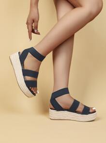 Ankle Strap Espadrille Wedge Sandals - Navy Blue - View 5