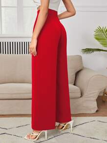 SHEIN PETITE High Waist Plicated Wide Leg Trousers - Red - View 2