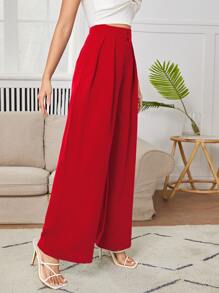 SHEIN PETITE High Waist Plicated Wide Leg Trousers - Red - View 4
