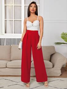 SHEIN PETITE High Waist Plicated Wide Leg Trousers - Red - View 5