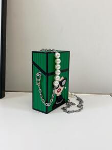 迷你人像圖案人造珍珠裝飾盒型包 - 綠色 - 查看 3