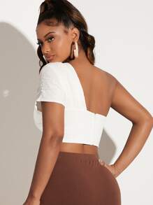 SHEIN SXY Women Plus Curve  One Shoulder Ruched Crop Top - White - View 2