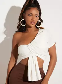 SHEIN SXY 單肩褶邊短款上衣 - 白色 - 查看 5