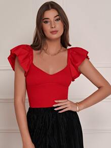 SHEIN Frenchy Sweetheart Neck Butterfly Sleeve Fitted Top Christmas Summer New Year Red Red Casual - Red - View 2
