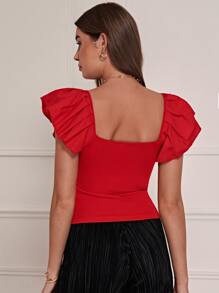 SHEIN Frenchy Sweetheart Neck Butterfly Sleeve Fitted Top Christmas Summer New Year Red Red Casual - Red - View 3