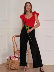 SHEIN Frenchy Sweetheart Neck Butterfly Sleeve Fitted Top Christmas Summer New Year Red Red Casual - Red - View 4