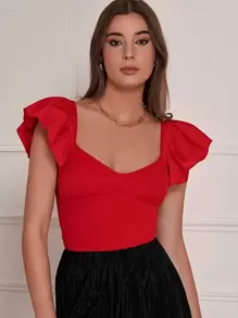 SHEIN Frenchy Sweetheart Neck Butterfly Sleeve Fitted Top Christmas Summer New Year Red Red Casual - Red - View 5