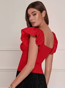 SHEIN Frenchy Sweetheart Neck Butterfly Sleeve Fitted Top Christmas Summer New Year Red Red Casual - Red - View 6