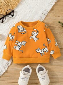 Baby Boy Cartoon Tiger Print Sweatshirt - Mustard Yellow - View 1