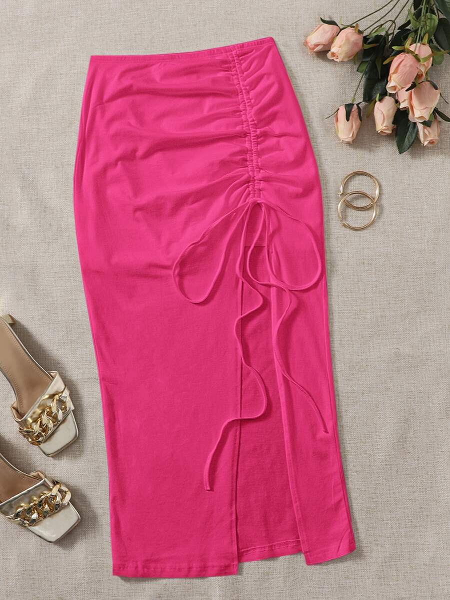 Soleia 抽褶抽繩開衩半身裙 - 玫紅色 - 查看 1