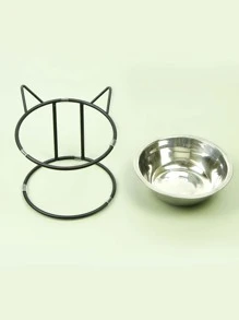 1 pieza Estante de bol para mascotas con diseño de gato de dibujos animados & 1 pieza Bol para mascotas - Plateado - Ver 3