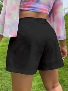 Flirla Quần Short kích thước lớn Nút Xếp li Dây kéo màu trơn Giải trí - màu đen - Xem 2