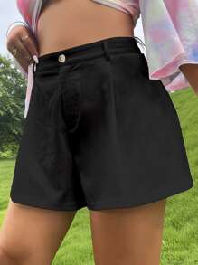 Flirla Quần Short kích thước lớn Nút Xếp li Dây kéo màu trơn Giải trí - màu đen - Xem 3