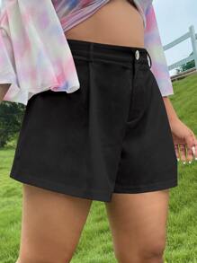 Flirla Quần Short kích thước lớn Nút Xếp li Dây kéo màu trơn Giải trí - màu đen - Xem 5