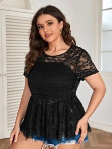 Plus Lace Peplum Top - Black - View 4