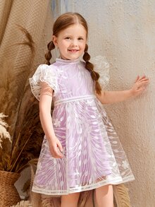 SHEIN 花卉刺繡蝴蝶袖網眼刺繡花女小童洋裝