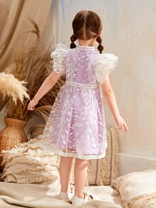 SHEIN 花卉刺繡蝴蝶袖網眼刺繡花女小童洋裝