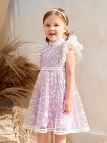 SHEIN 花卉刺繡蝴蝶袖網眼刺繡花女小童洋裝