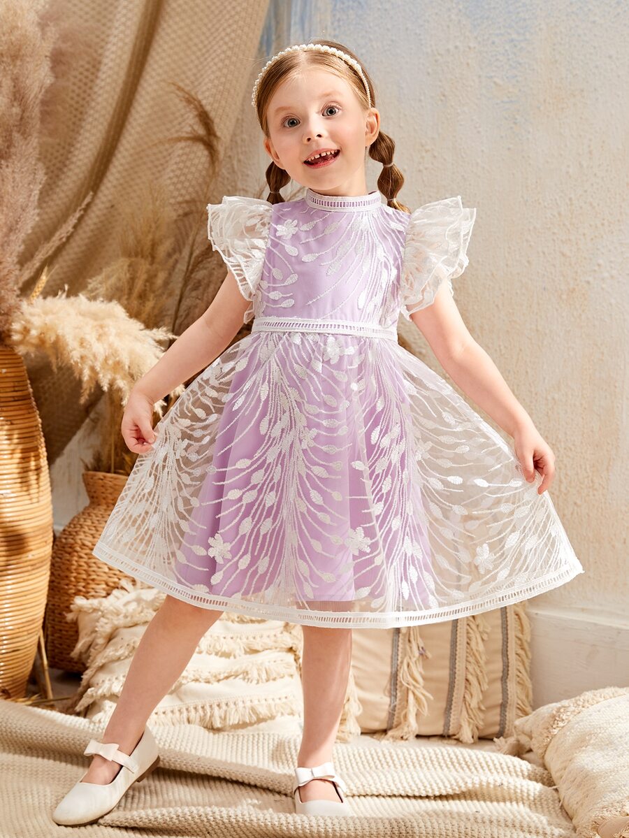 SHEIN 花卉刺繡蝴蝶袖網眼刺繡花女小童洋裝