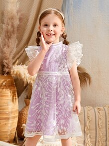 SHEIN 花卉刺繡蝴蝶袖網眼刺繡花女小童洋裝