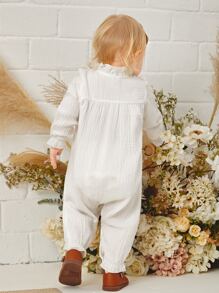 Bebé Mono ribete con fruncido con encaje en contraste de manga con volante - Blanco - Ver 8