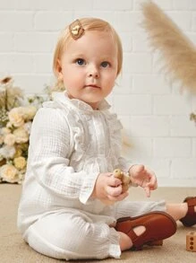 Bebé Mono ribete con fruncido con encaje en contraste de manga con volante - Blanco - Ver 5