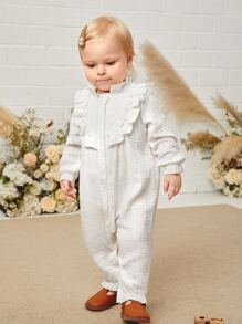 Bebé Mono ribete con fruncido con encaje en contraste de manga con volante - Blanco - Ver 9